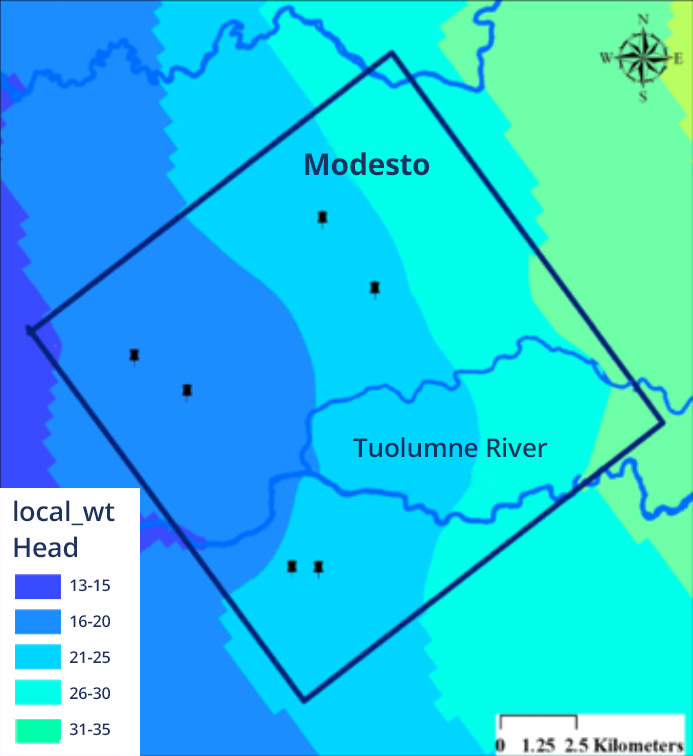 City of Modesto local water table head starting in the west, numbers run from 13-15 to 31-35 in the east.